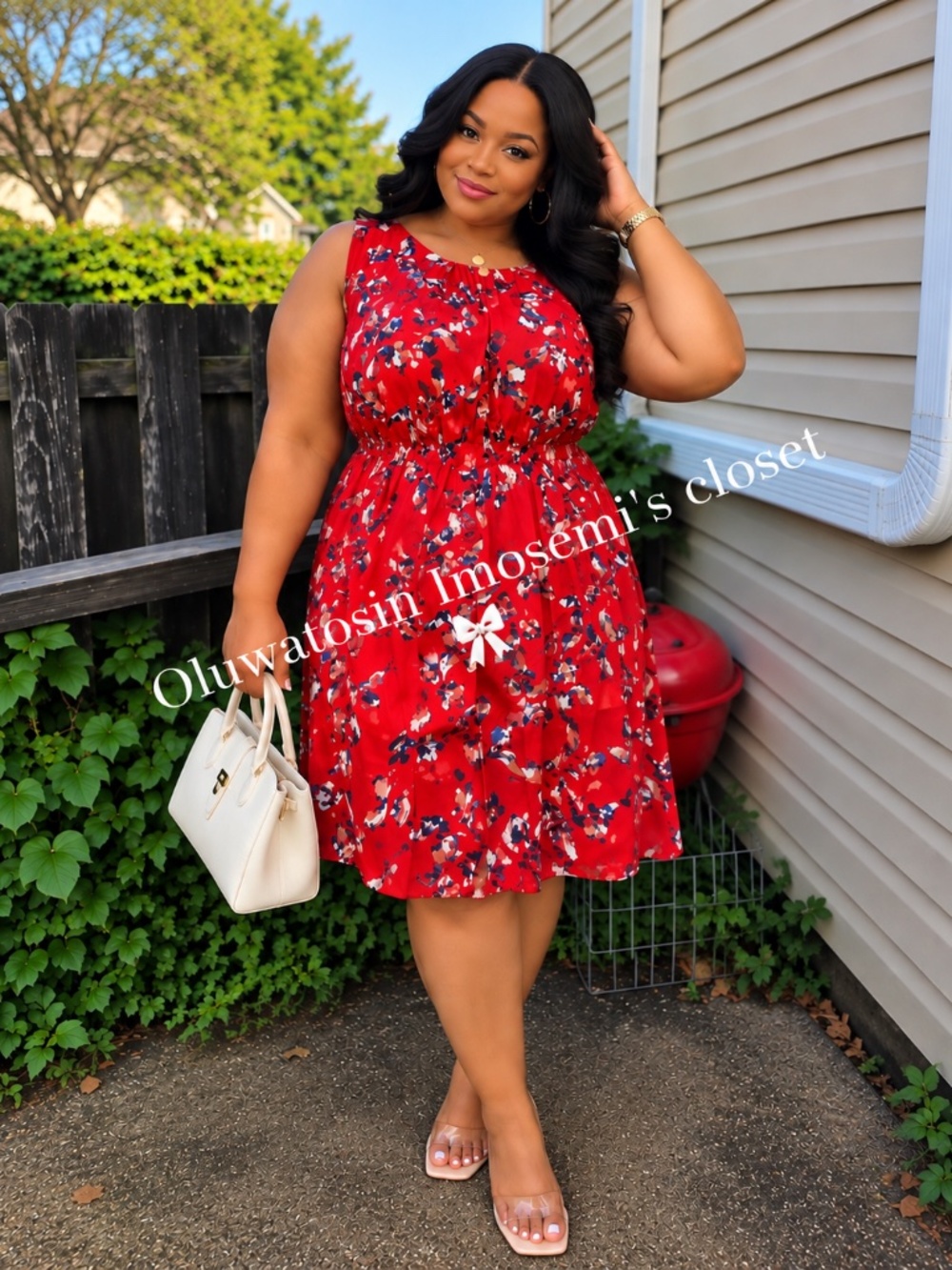 Red Floral Gathered-Waist Dress